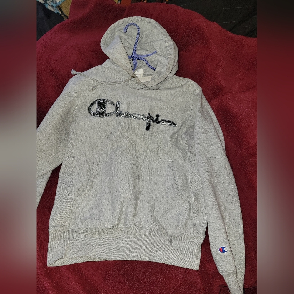 Champion Light Gray Crewneck Hoodie with Embroidered Logo